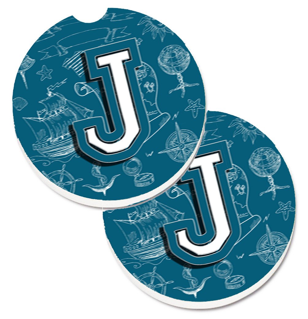 Letter J Sea Doodles Initial Alphabet Set of 2 Cup Holder Car Coasters CJ2014-JCARC by Caroline&#39;s Treasures