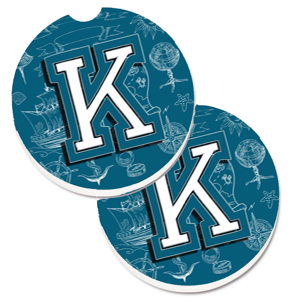 Letter K Sea Doodles Initial Alphabet Set of 2 Cup Holder Car Coasters CJ2014-KCARC by Caroline&#39;s Treasures