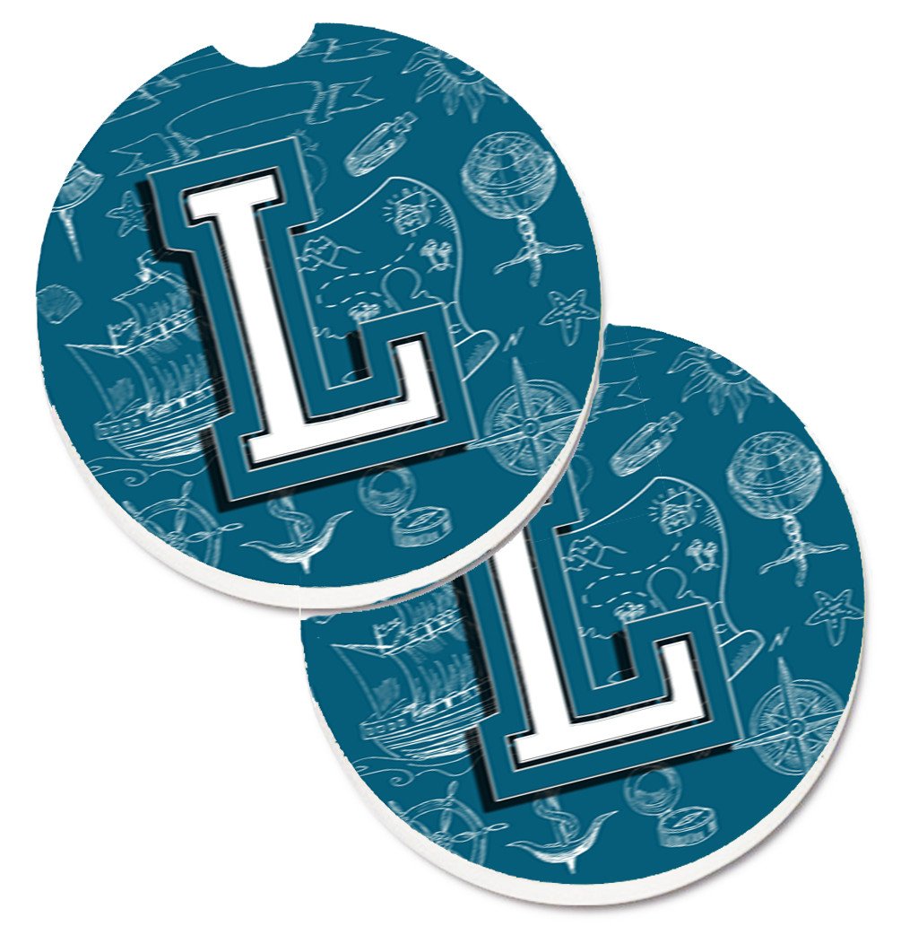 Letter L Sea Doodles Initial Alphabet Set of 2 Cup Holder Car Coasters CJ2014-LCARC by Caroline's Treasures