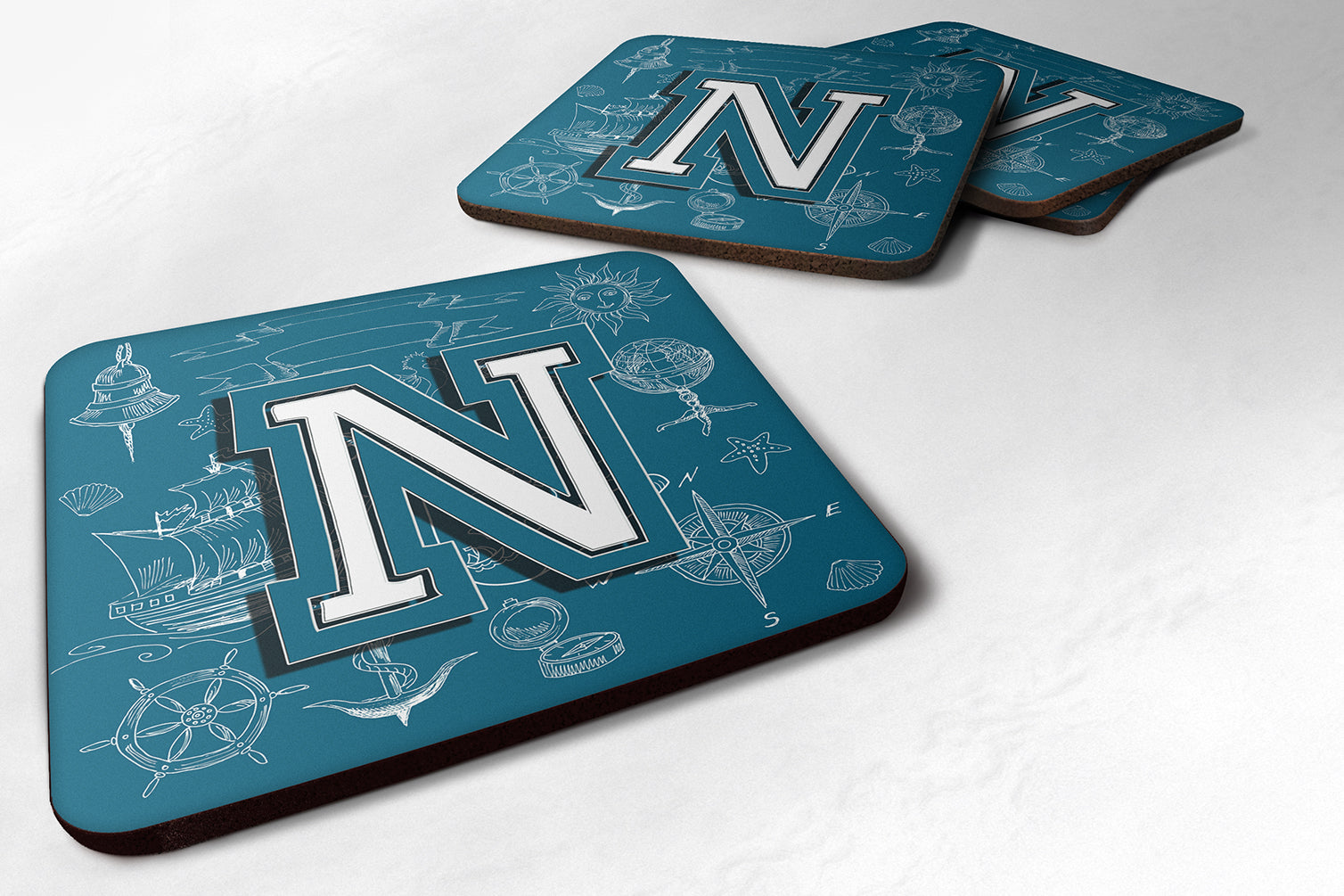 Set of 4 Letter N Sea Doodles Initial Alphabet Foam Coasters CJ2014-NFC - the-store.com