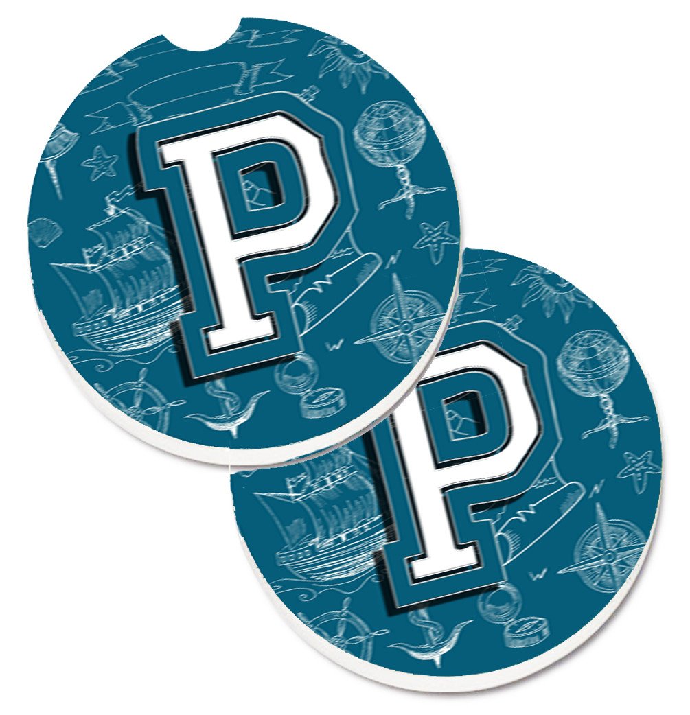 Letter P Sea Doodles Initial Alphabet Set of 2 Cup Holder Car Coasters CJ2014-PCARC by Caroline&#39;s Treasures