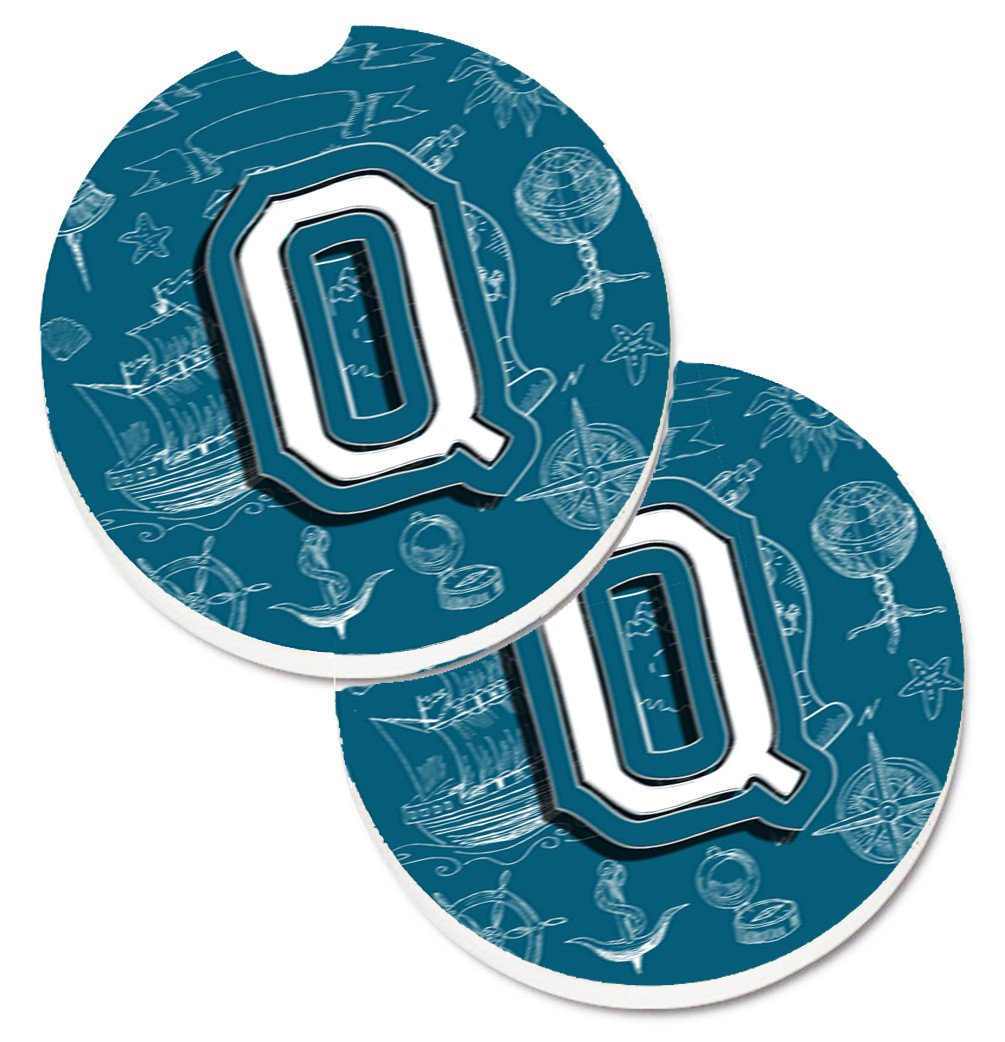 Letter Q Sea Doodles Initial Alphabet Set of 2 Cup Holder Car Coasters CJ2014-QCARC by Caroline&#39;s Treasures