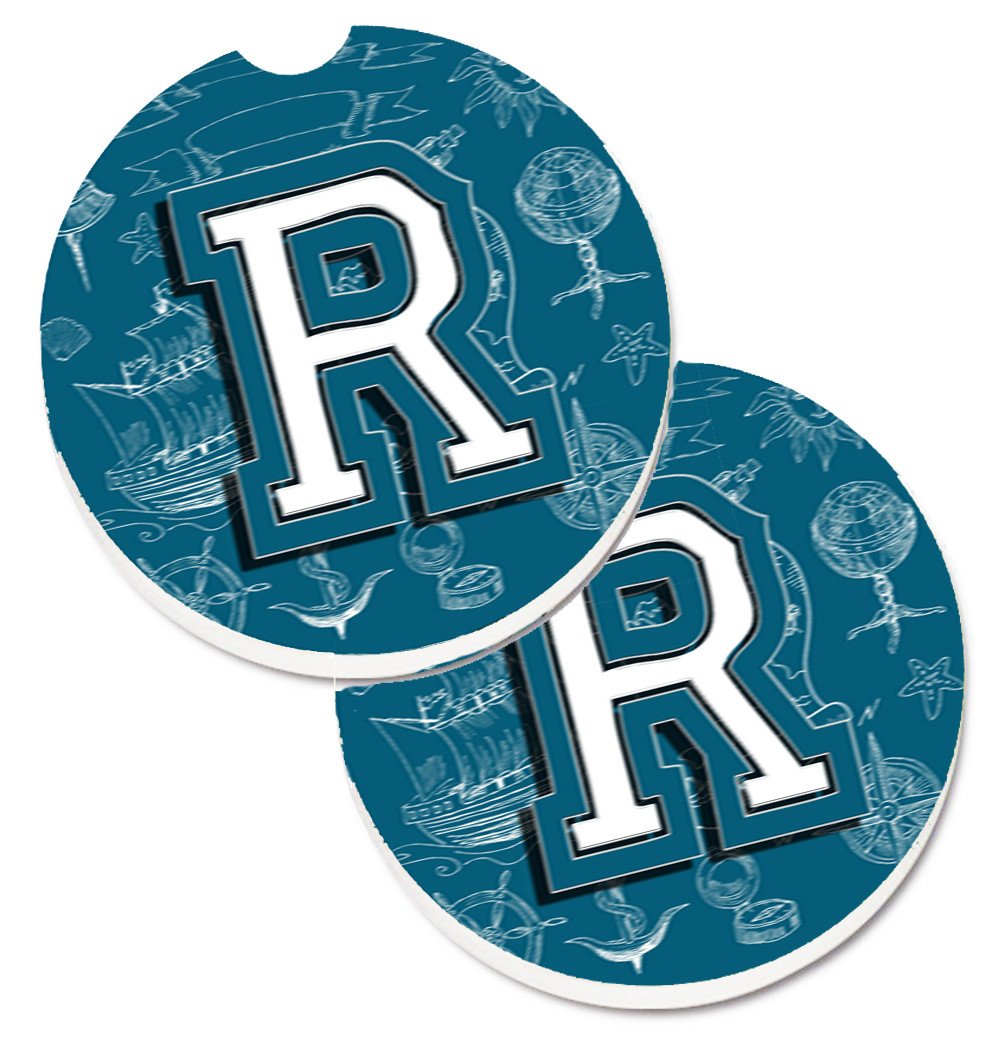Letter R Sea Doodles Initial Alphabet Set of 2 Cup Holder Car Coasters CJ2014-RCARC by Caroline's Treasures