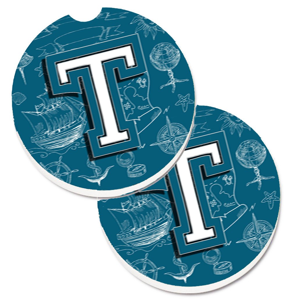 Letter T Sea Doodles Initial Alphabet Set of 2 Cup Holder Car Coasters CJ2014-TCARC by Caroline&#39;s Treasures
