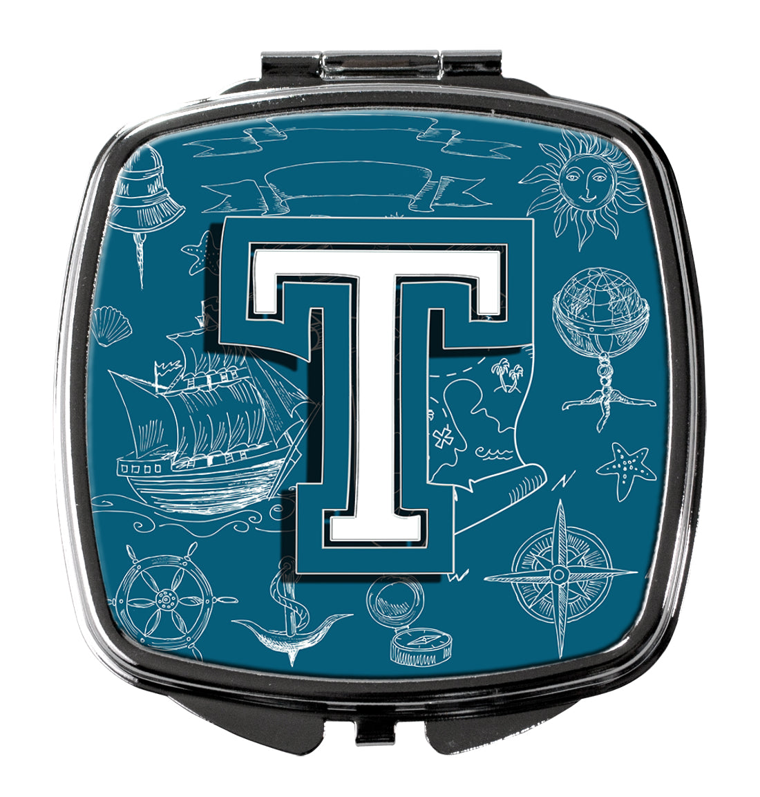 Caroline's Treasures Letter T Sea Doodles Initial Alphabet Compact Mirror – Stylish Purse Mirror with Artistic Covers CJ2014-TSCM