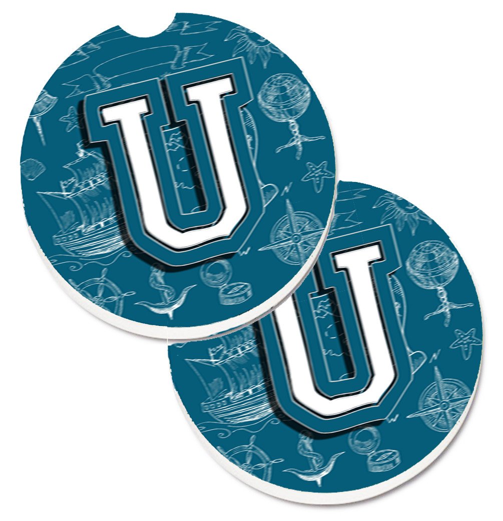 Letter U Sea Doodles Initial Alphabet Set of 2 Cup Holder Car Coasters CJ2014-UCARC by Caroline's Treasures