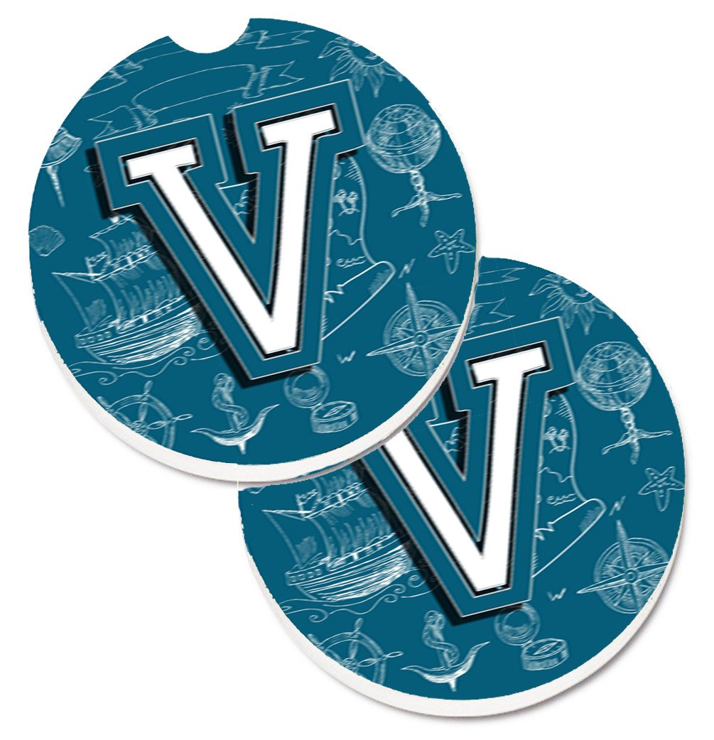 Letter V Sea Doodles Initial Alphabet Set of 2 Cup Holder Car Coasters CJ2014-VCARC by Caroline&#39;s Treasures