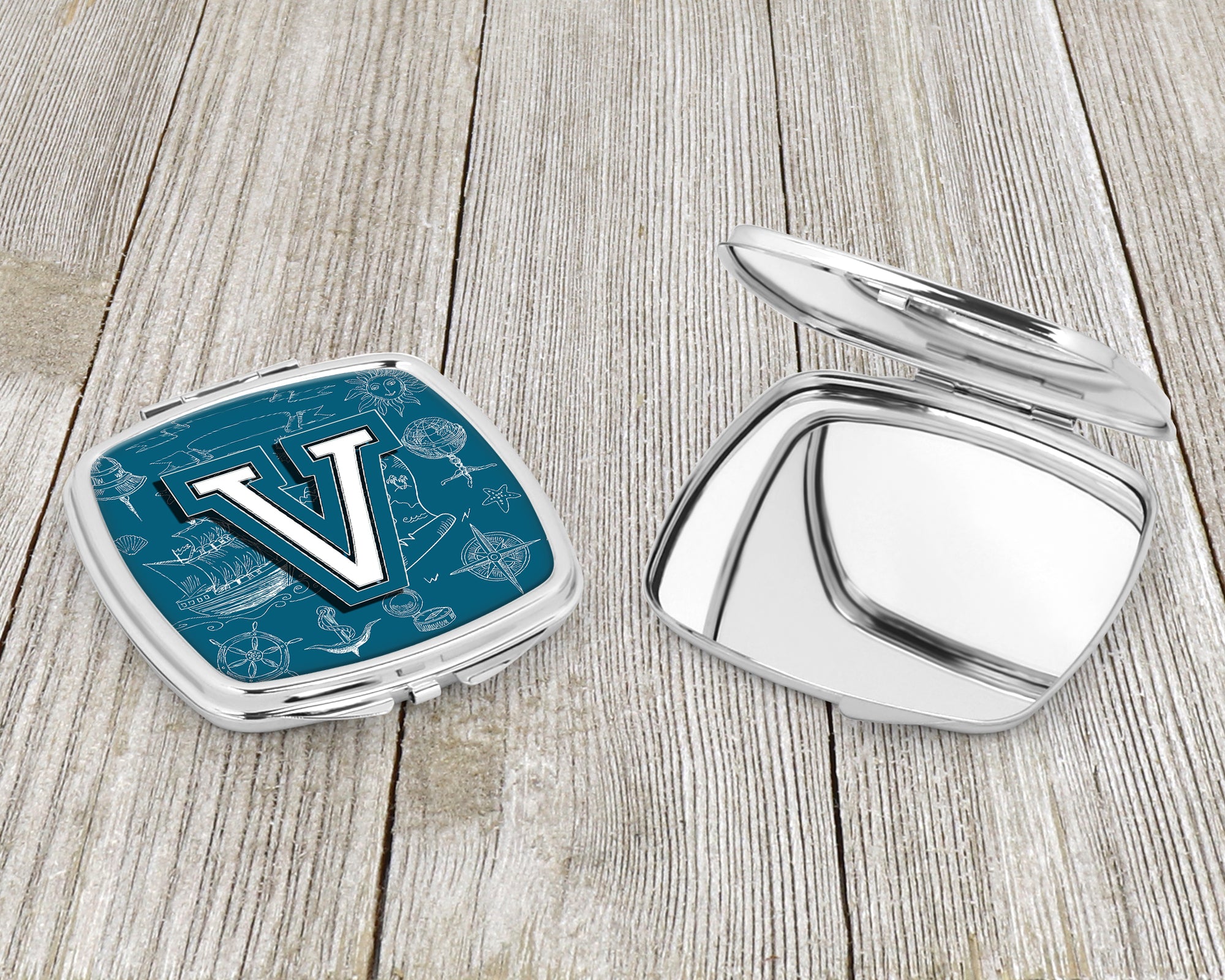 Letter V Sea Doodles Initial Alphabet Compact Mirror CJ2014-VSCM  the-store.com.