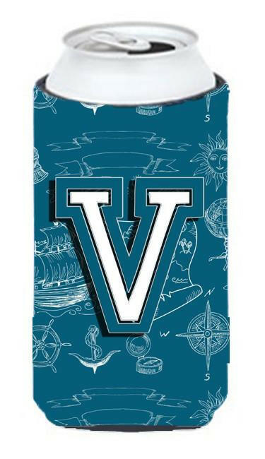 Letter V Sea Doodles Initial Alphabet Tall Boy Beverage Insulator Hugger CJ2014-VTBC by Caroline&#39;s Treasures