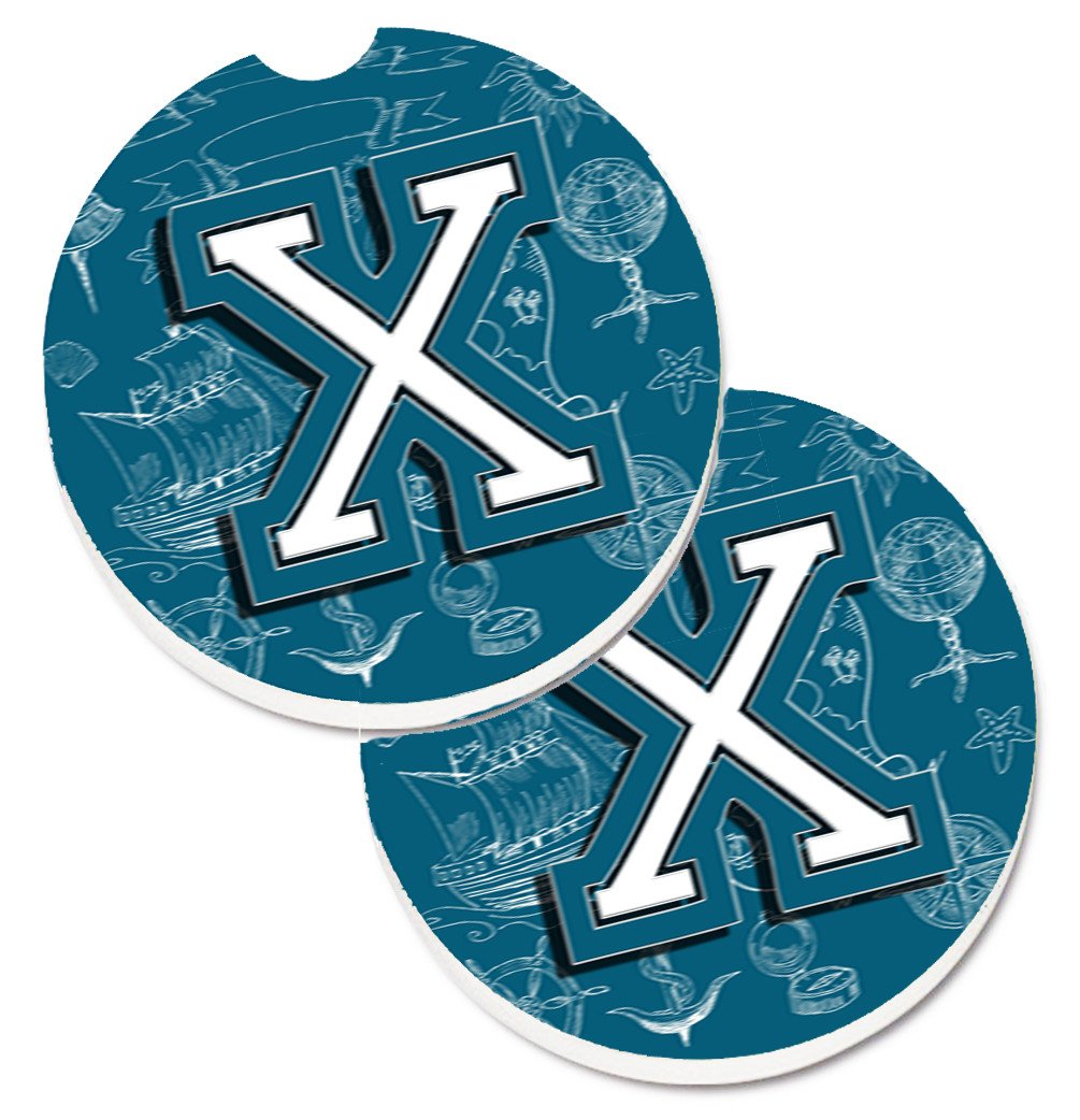 Letter X Sea Doodles Initial Alphabet Set of 2 Cup Holder Car Coasters CJ2014-XCARC by Caroline&#39;s Treasures