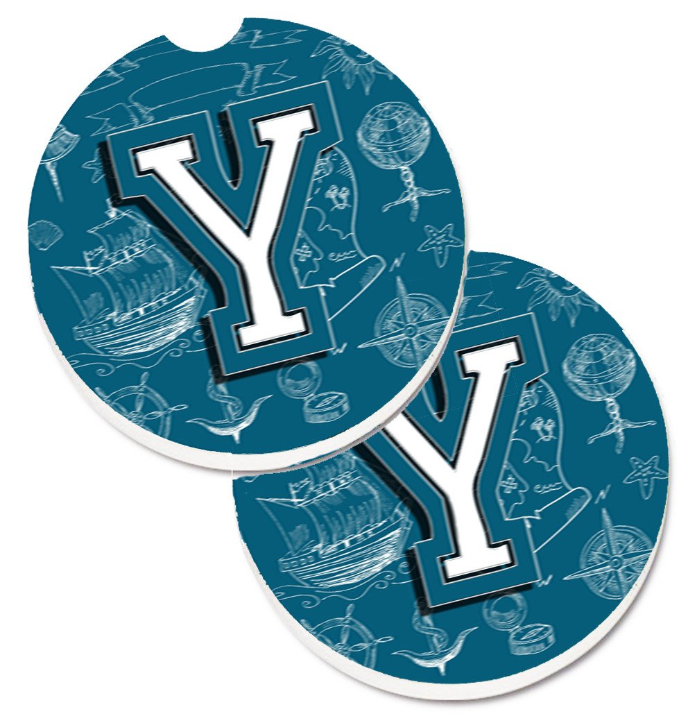 Letter Y Sea Doodles Initial Alphabet Set of 2 Cup Holder Car Coasters CJ2014-YCARC by Caroline&#39;s Treasures