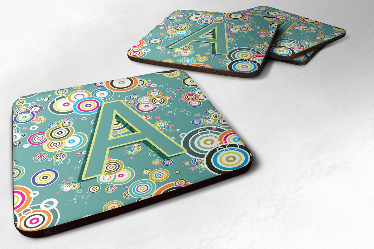 Set of 4 Letter A Circle Circle Teal Initial Alphabet Foam Coasters CJ2015-AFC - the-store.com