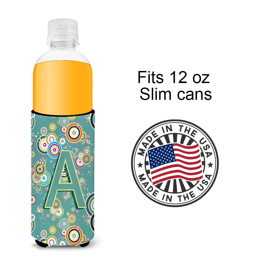 Letter A Circle Circle Teal Initial Alphabet Ultra Beverage Insulators for slim cans CJ2015-AMUK.