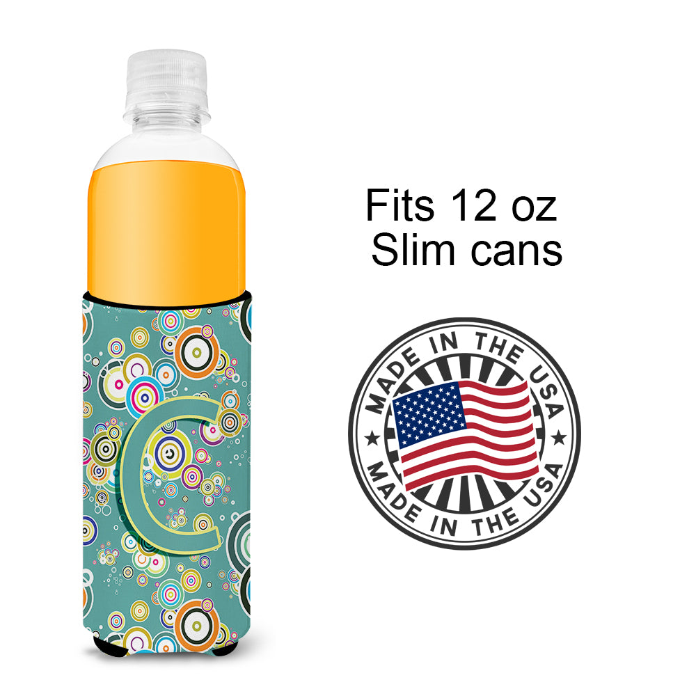 Letter C Circle Circle Teal Initial Alphabet Ultra Beverage Insulators for slim cans CJ2015-CMUK.