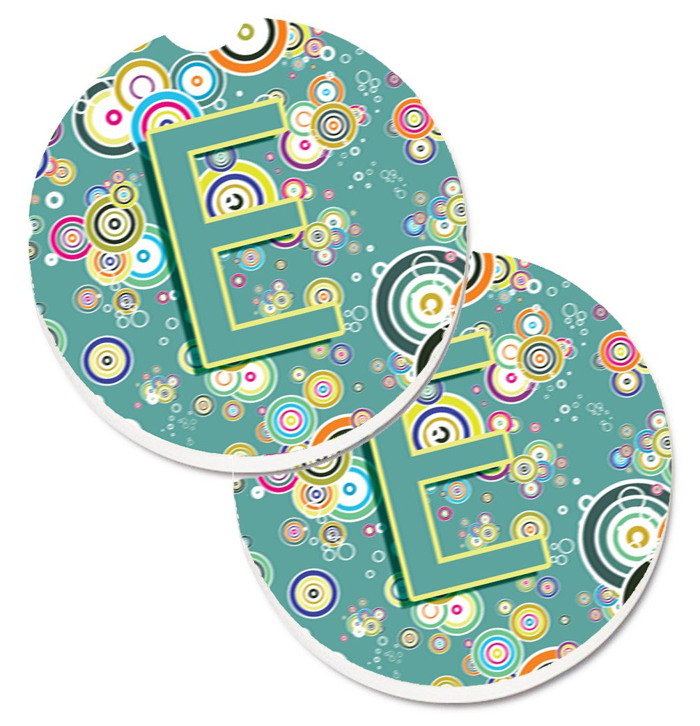 Letter E Circle Circle Teal Initial Alphabet Set of 2 Cup Holder Car Coasters CJ2015-ECARC by Caroline&#39;s Treasures