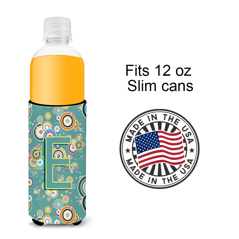 Letter E Circle Circle Teal Initial Alphabet Ultra Beverage Insulators for slim cans CJ2015-EMUK.
