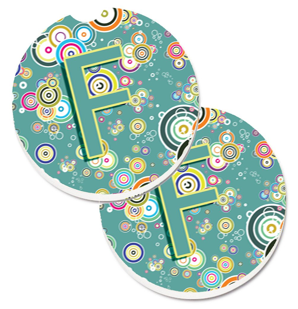 Letter F Circle Circle Teal Initial Alphabet Set of 2 Cup Holder Car Coasters CJ2015-FCARC by Caroline&#39;s Treasures