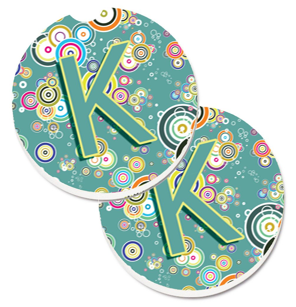 Letter K Circle Circle Teal Initial Alphabet Set of 2 Cup Holder Car Coasters CJ2015-KCARC by Caroline&#39;s Treasures