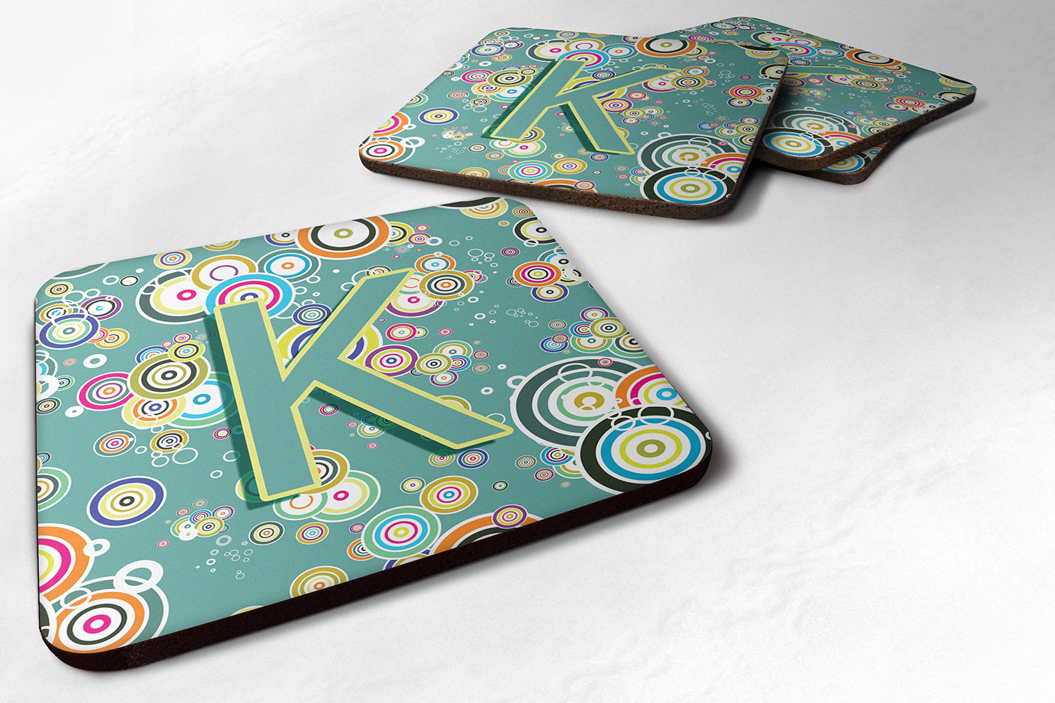 Set of 4 Letter K Circle Circle Teal Initial Alphabet Foam Coasters CJ2015-KFC - the-store.com