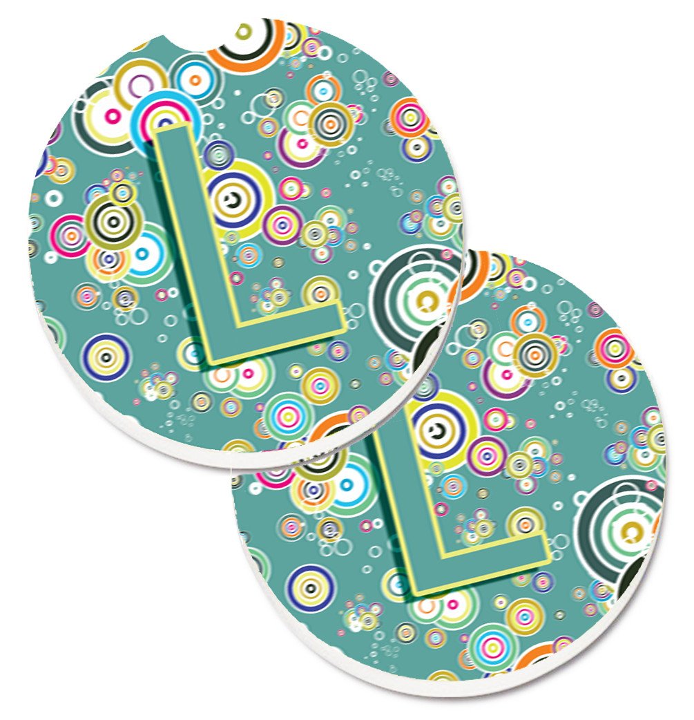 Letter L Circle Circle Teal Initial Alphabet Set of 2 Cup Holder Car Coasters CJ2015-LCARC by Caroline's Treasures