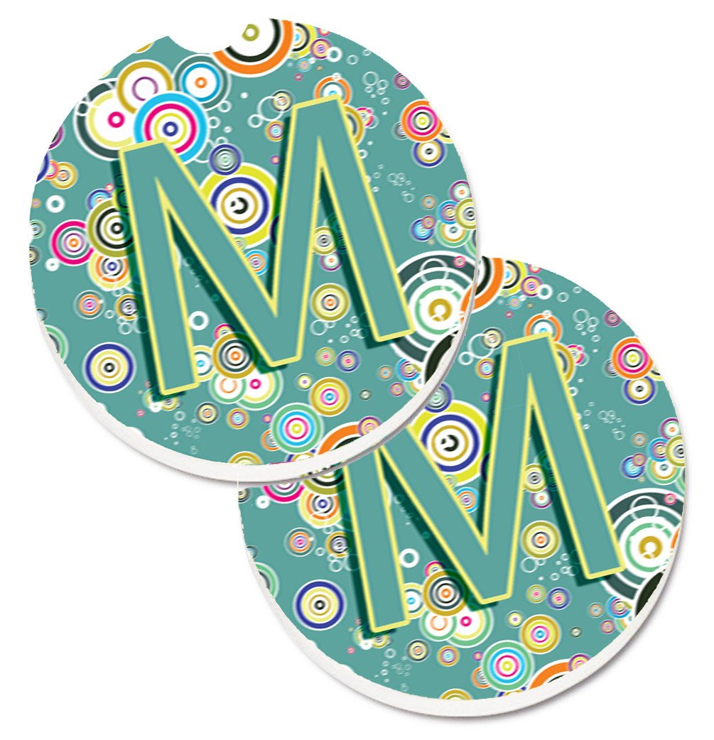 Letter M Circle Circle Teal Initial Alphabet Set of 2 Cup Holder Car Coasters CJ2015-MCARC by Caroline's Treasures