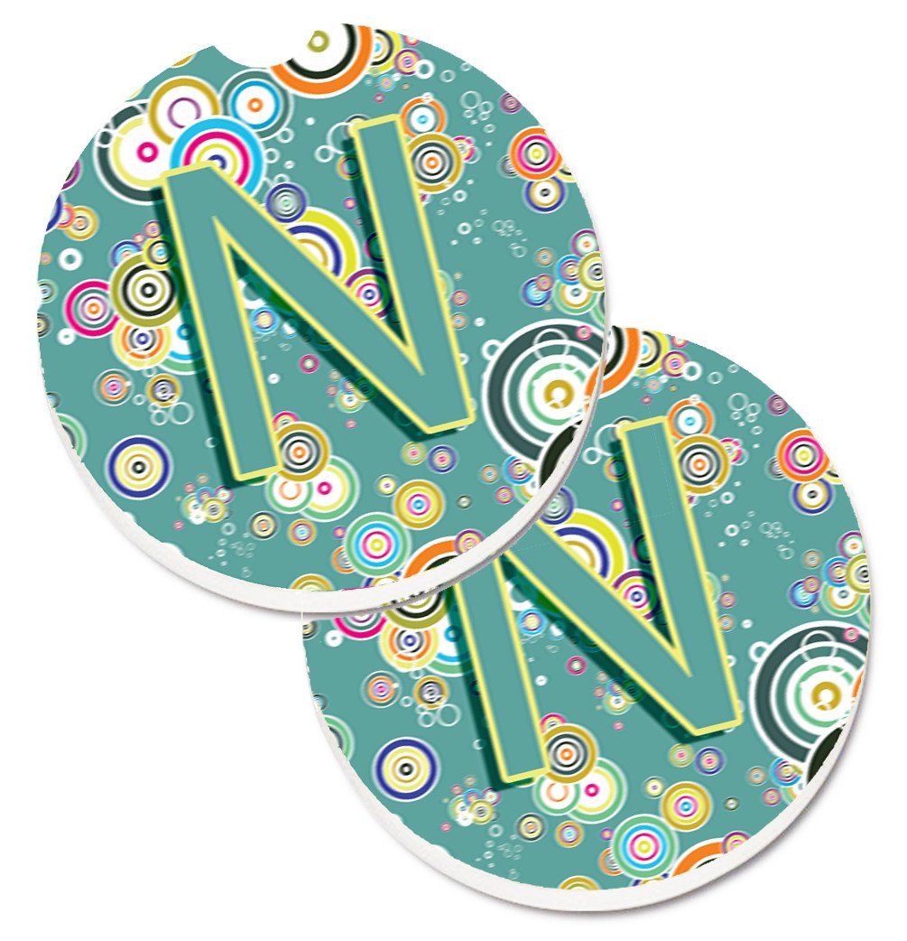 Letter N Circle Circle Teal Initial Alphabet Set of 2 Cup Holder Car Coasters CJ2015-NCARC by Caroline&#39;s Treasures