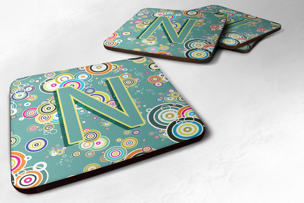 Set of 4 Letter N Circle Circle Teal Initial Alphabet Foam Coasters CJ2015-NFC - the-store.com