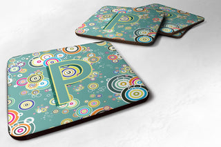 Set of 4 Letter P Circle Circle Teal Initial Alphabet Foam Coasters CJ2015-PFC