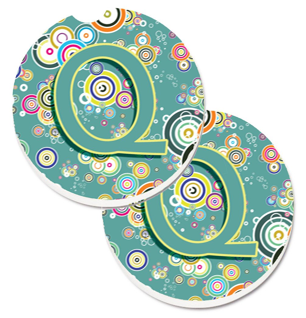 Letter Q Circle Circle Teal Initial Alphabet Set of 2 Cup Holder Car Coasters CJ2015-QCARC by Caroline&#39;s Treasures