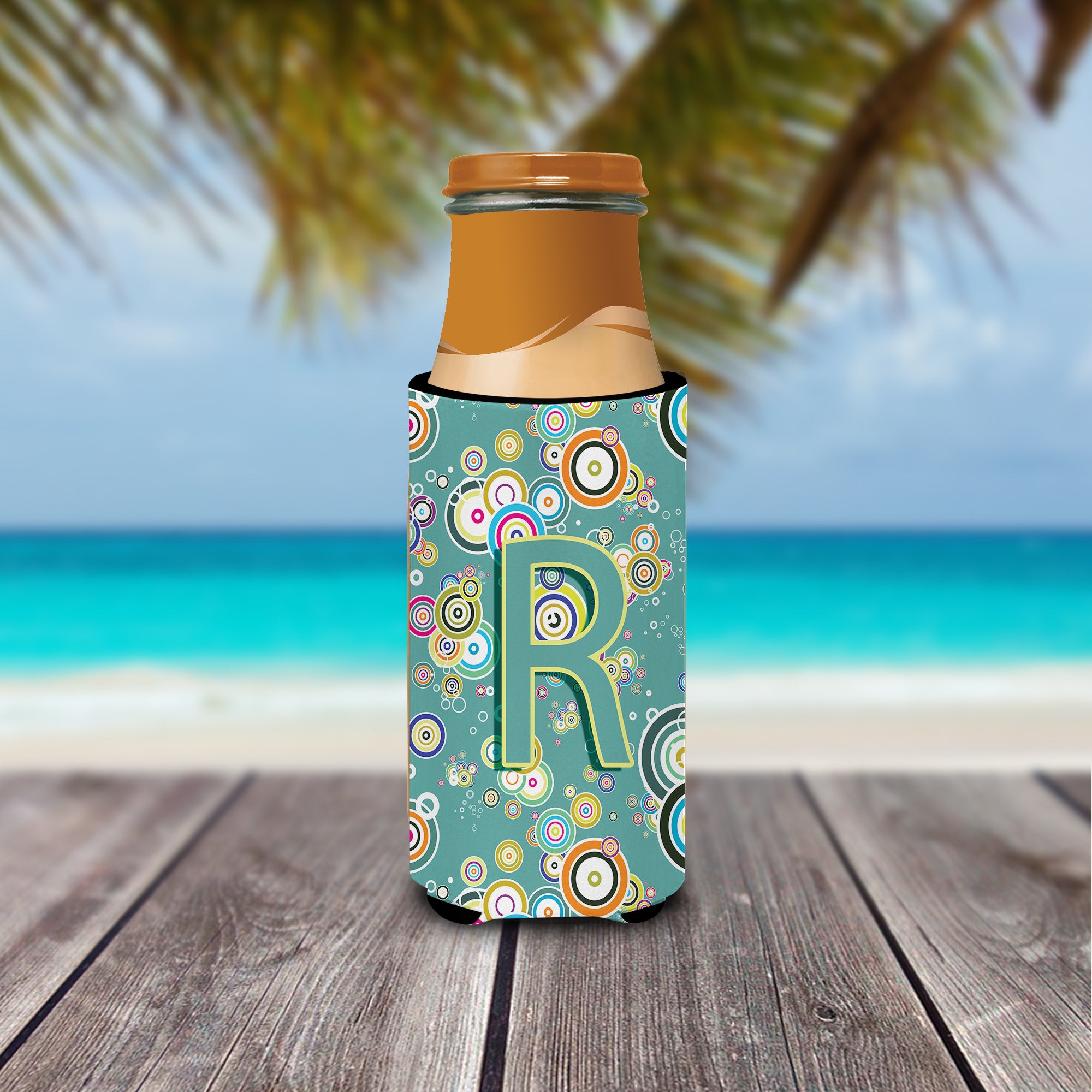 Letter R Circle Circle Teal Initial Alphabet Ultra Beverage Insulators for slim cans CJ2015-RMUK.