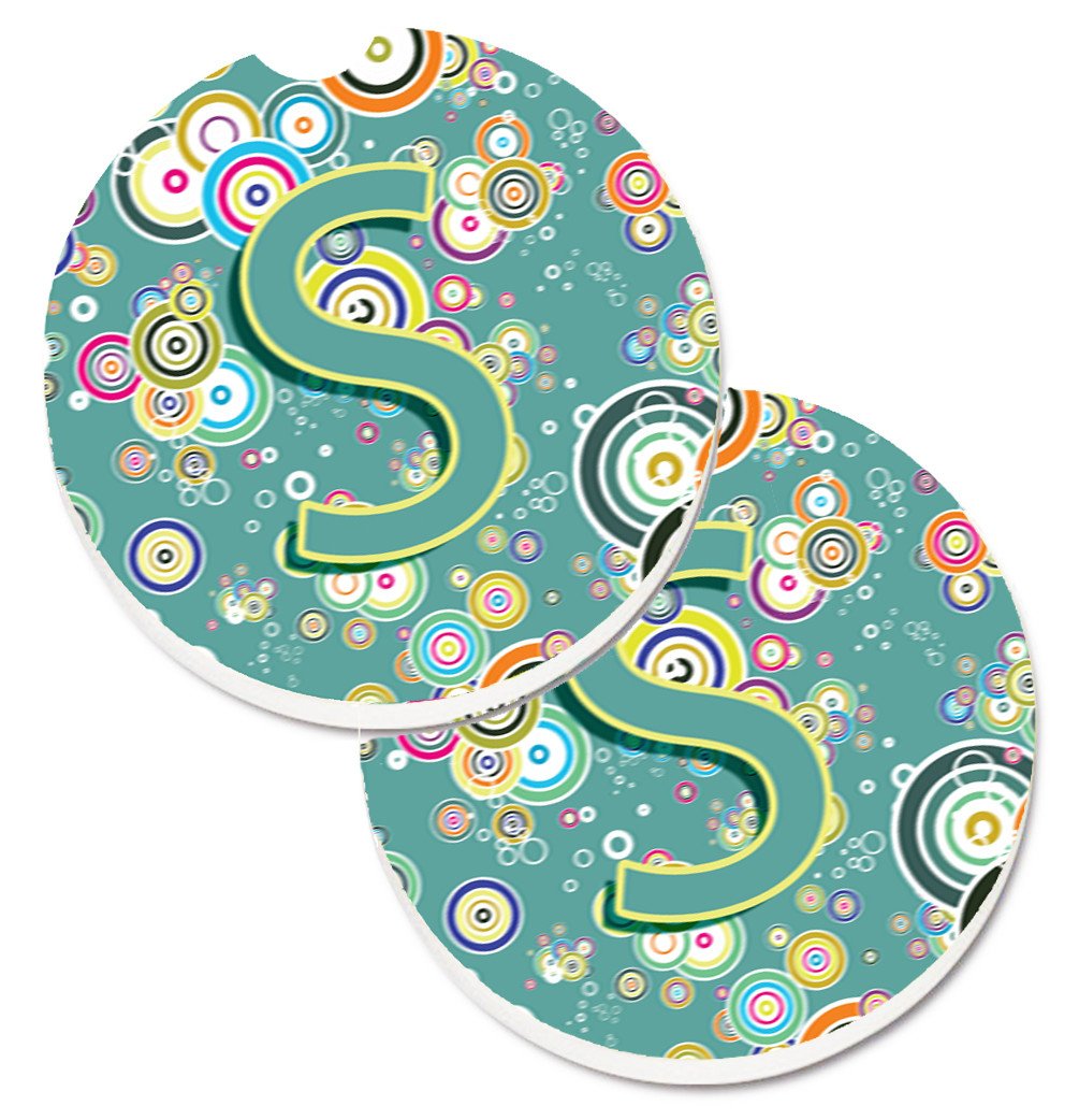 Letter S Circle Circle Teal Initial Alphabet Set of 2 Cup Holder Car Coasters CJ2015-SCARC by Caroline&#39;s Treasures