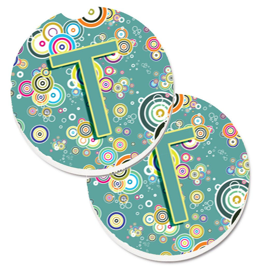 Letter T Circle Circle Teal Initial Alphabet Set of 2 Cup Holder Car Coasters CJ2015-TCARC by Caroline&#39;s Treasures