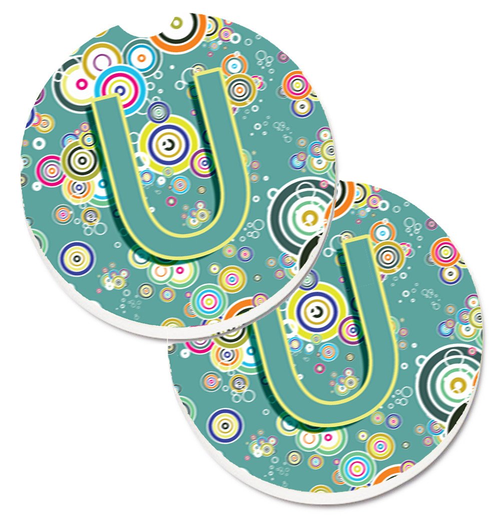 Letter U Circle Circle Teal Initial Alphabet Set of 2 Cup Holder Car Coasters CJ2015-UCARC by Caroline&#39;s Treasures
