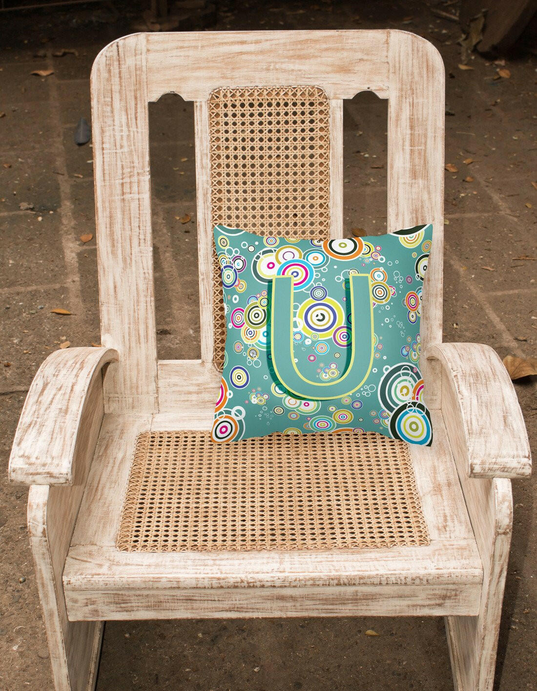 Letter U Circle Circle Teal Initial Alphabet Canvas Fabric Decorative Pillow CJ2015-UPW1414 by Caroline's Treasures