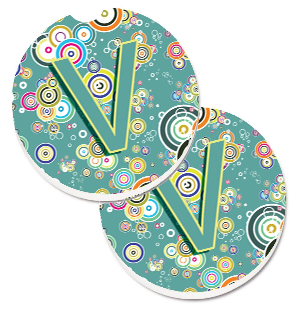 Letter V Circle Circle Teal Initial Alphabet Set of 2 Cup Holder Car Coasters CJ2015-VCARC by Caroline&#39;s Treasures