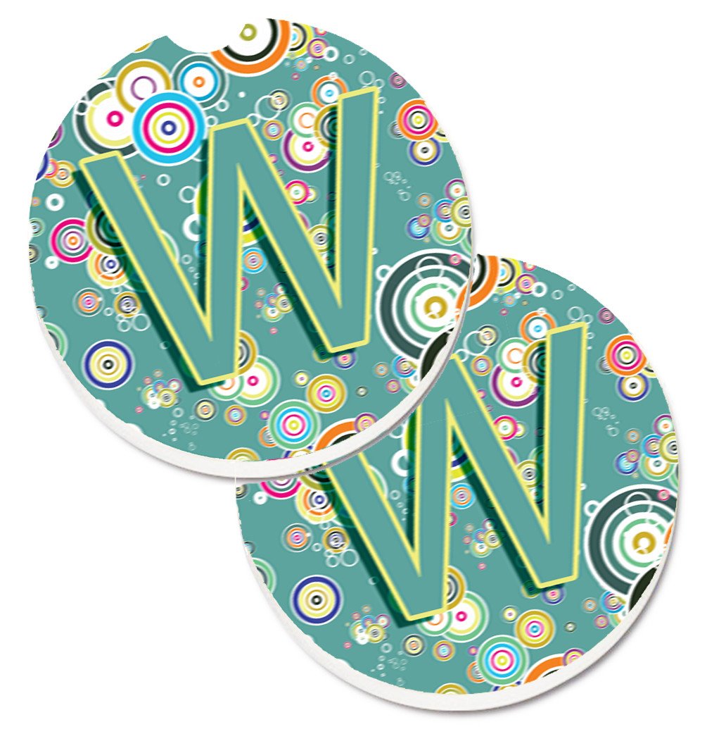 Letter W Circle Circle Teal Initial Alphabet Set of 2 Cup Holder Car Coasters CJ2015-WCARC by Caroline&#39;s Treasures
