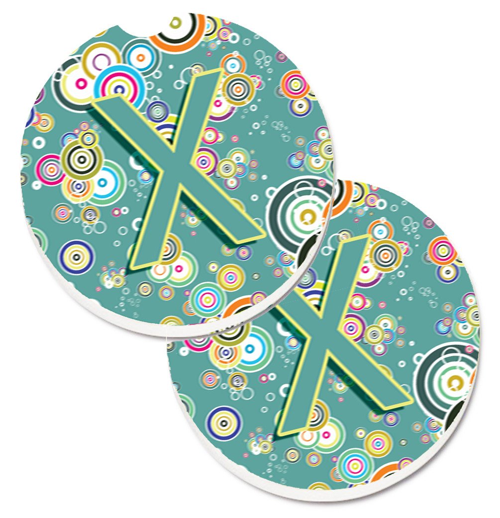 Letter X Circle Circle Teal Initial Alphabet Set of 2 Cup Holder Car Coasters CJ2015-XCARC by Caroline's Treasures