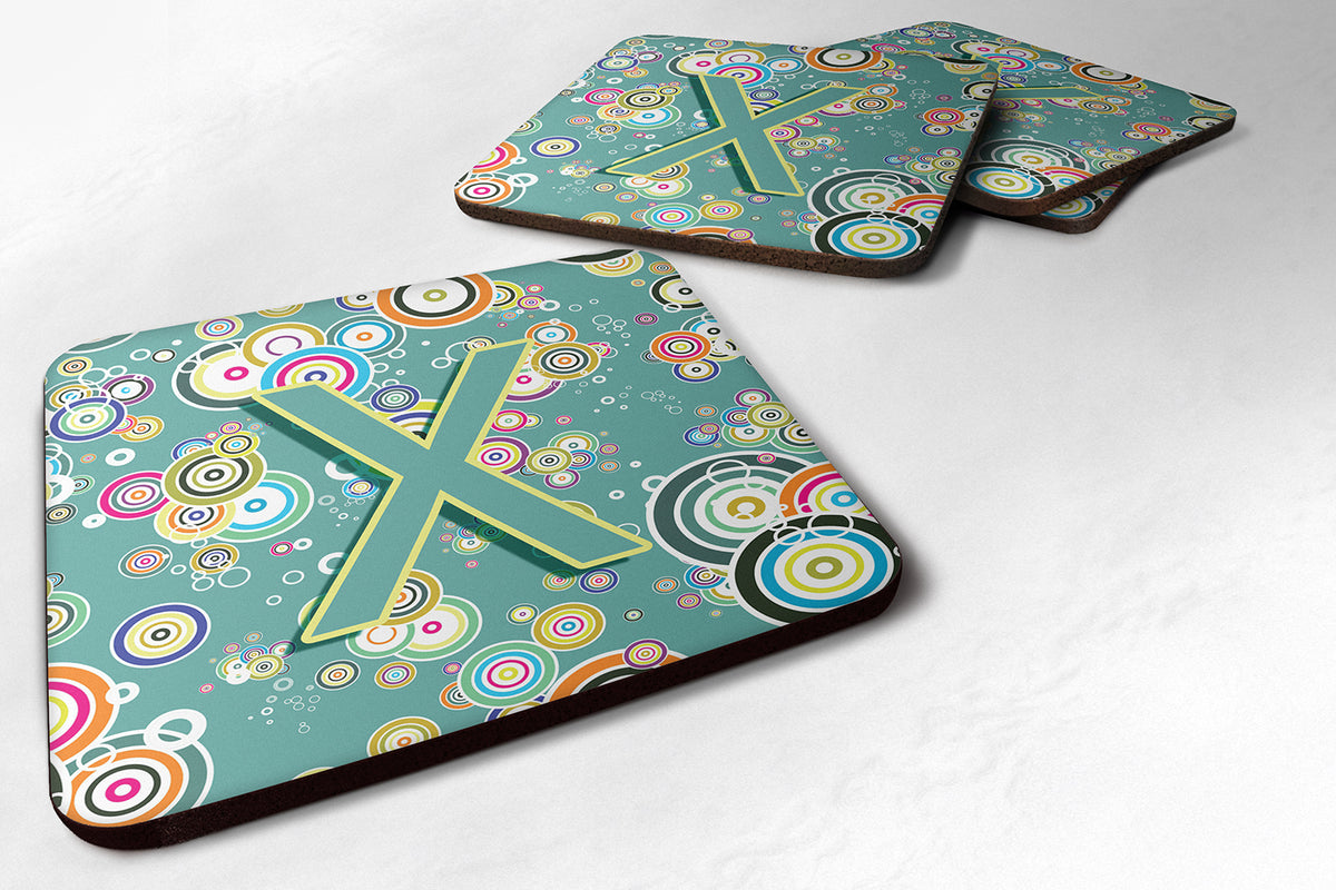 Set of 4 Letter X Circle Circle Teal Initial Alphabet Foam Coasters CJ2015-XFC - the-store.com