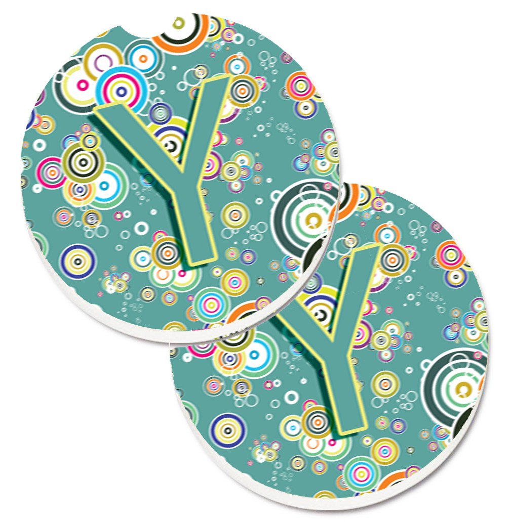 Letter Y Circle Circle Teal Initial Alphabet Set of 2 Cup Holder Car Coasters CJ2015-YCARC by Caroline&#39;s Treasures