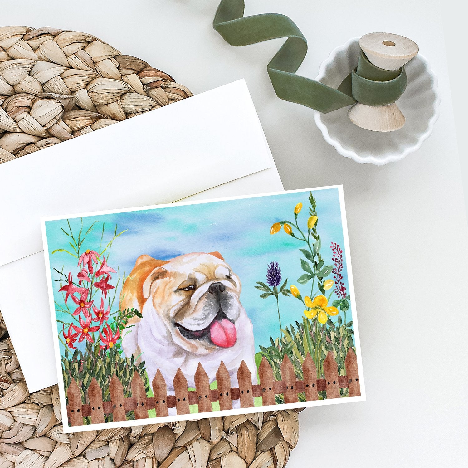 English Bulldog Spring Greeting Cards and Envelopes Pack of 8 - the-store.com