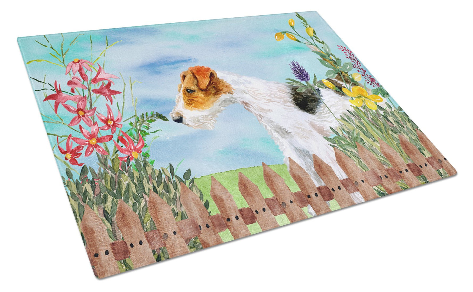 Caroline's Treasures Fox Terrier Spring Glass Cutting Boards – Durable, Decorative Kitchen Art Large CK1212LCB
