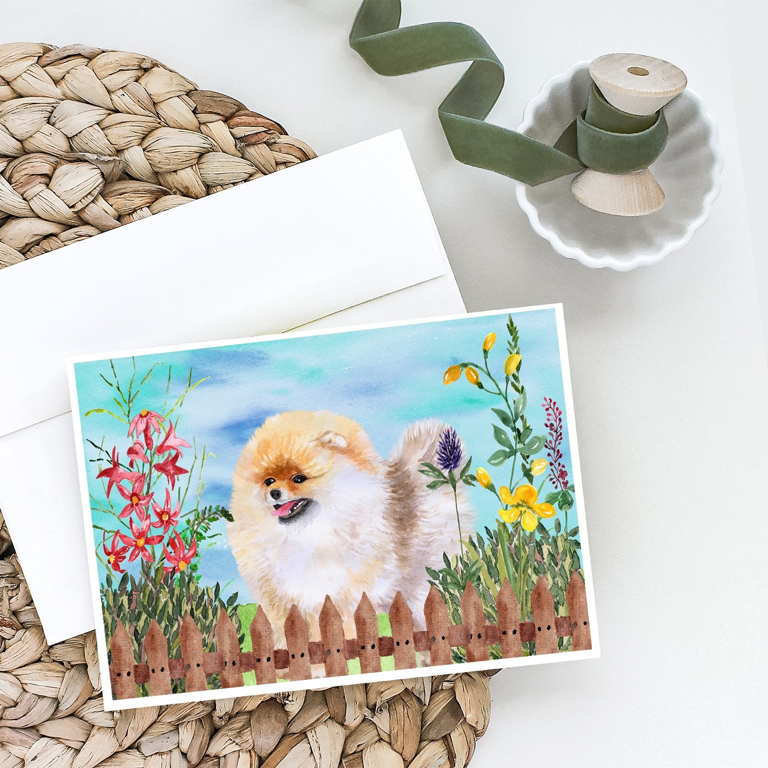 Pomeranian Spring Greeting Cards and Envelopes Pack of 8 - the-store.com