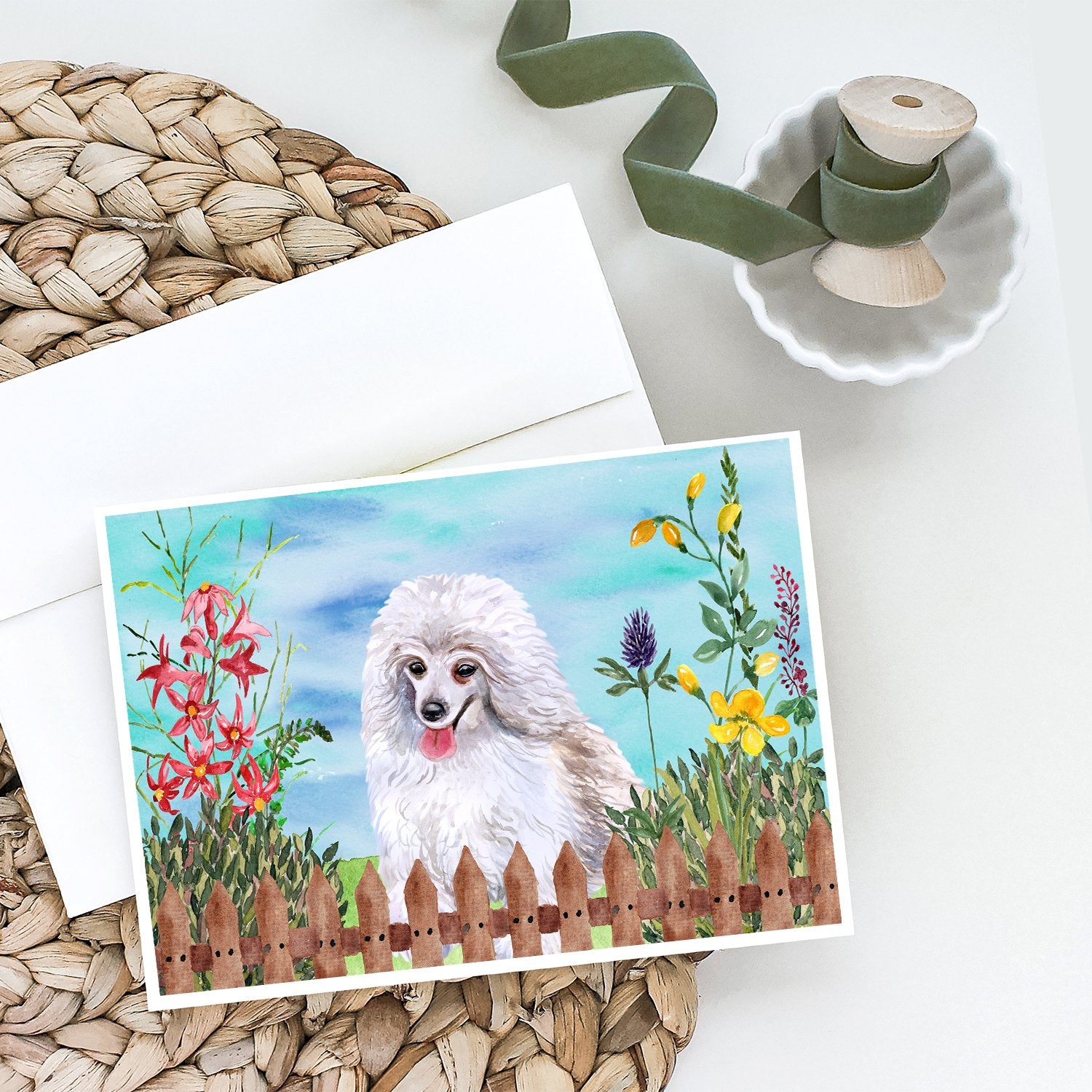Buy this Medium White Poodle Spring Greeting Cards and Envelopes Pack of 8
