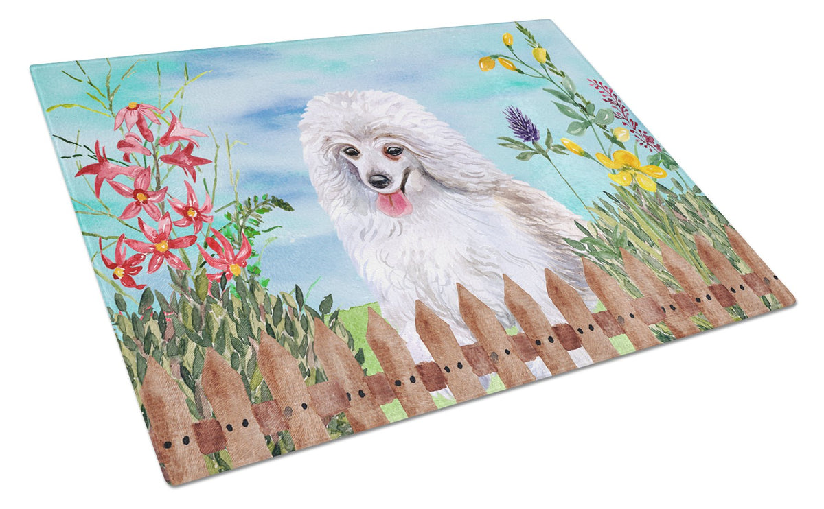Medium White Poodle Spring Glass Cutting Board Large CK1245LCB by Caroline&#39;s Treasures