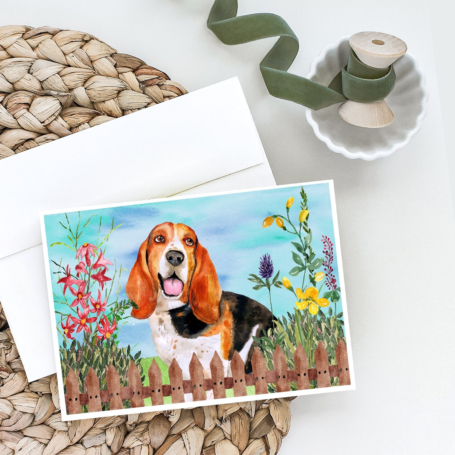 Basset Hound Spring Greeting Cards and Envelopes Pack of 8 - the-store.com