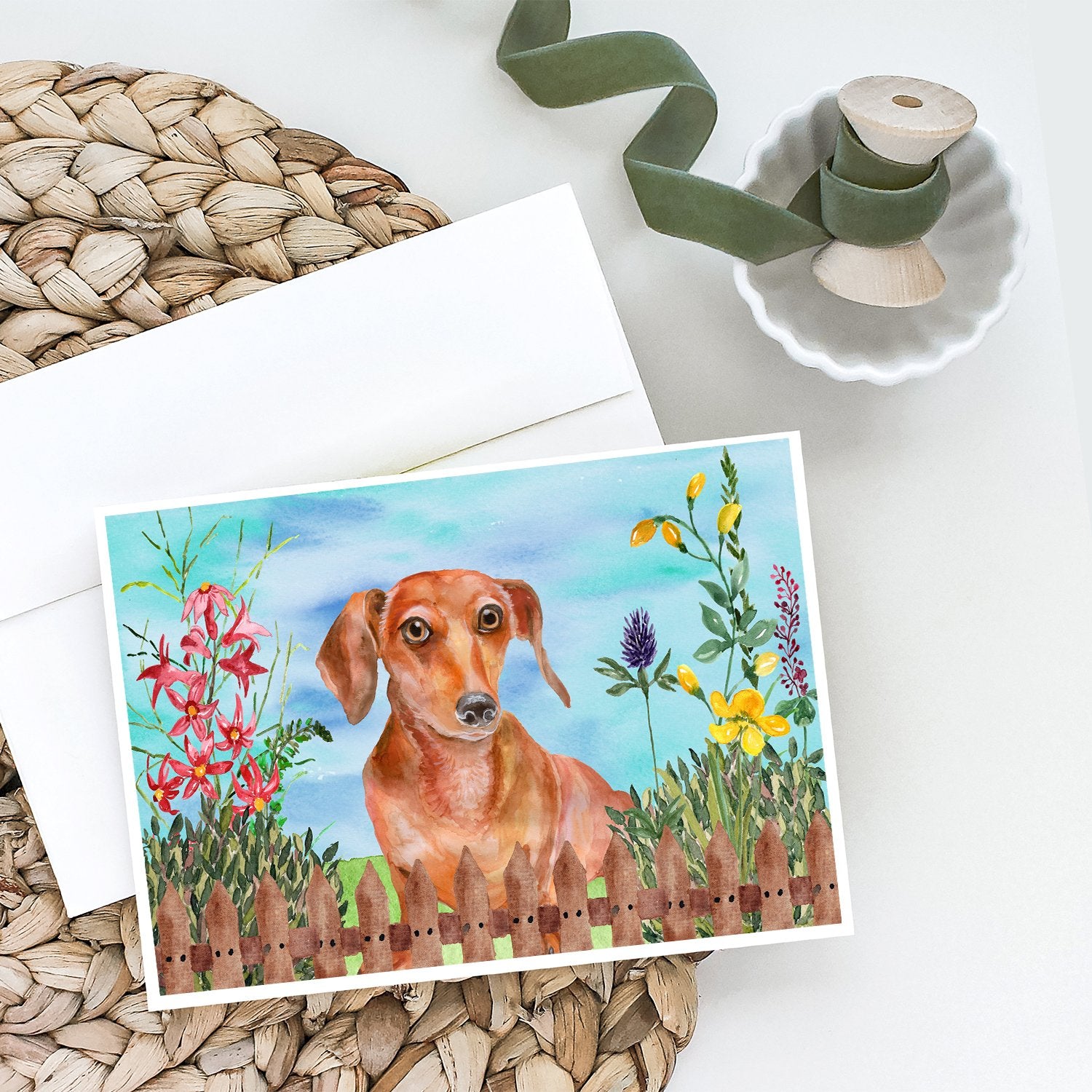 Red Dachshund Spring Greeting Cards and Envelopes Pack of 8 - the-store.com