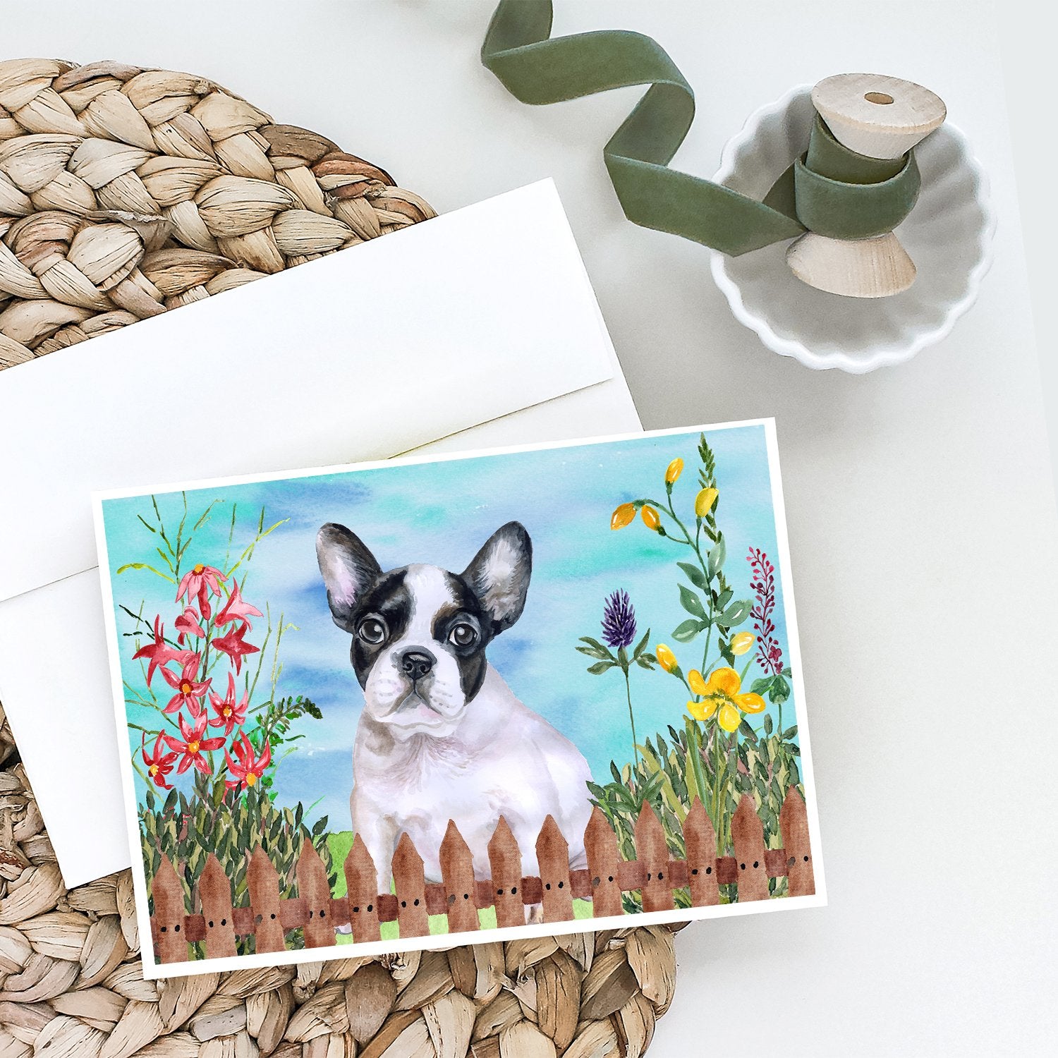 French Bulldog Black White Spring Greeting Cards and Envelopes Pack of 8 - the-store.com