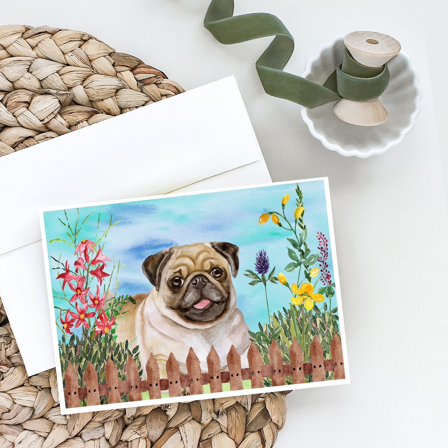 Fawn Pug Spring Greeting Cards and Envelopes Pack of 8 - the-store.com