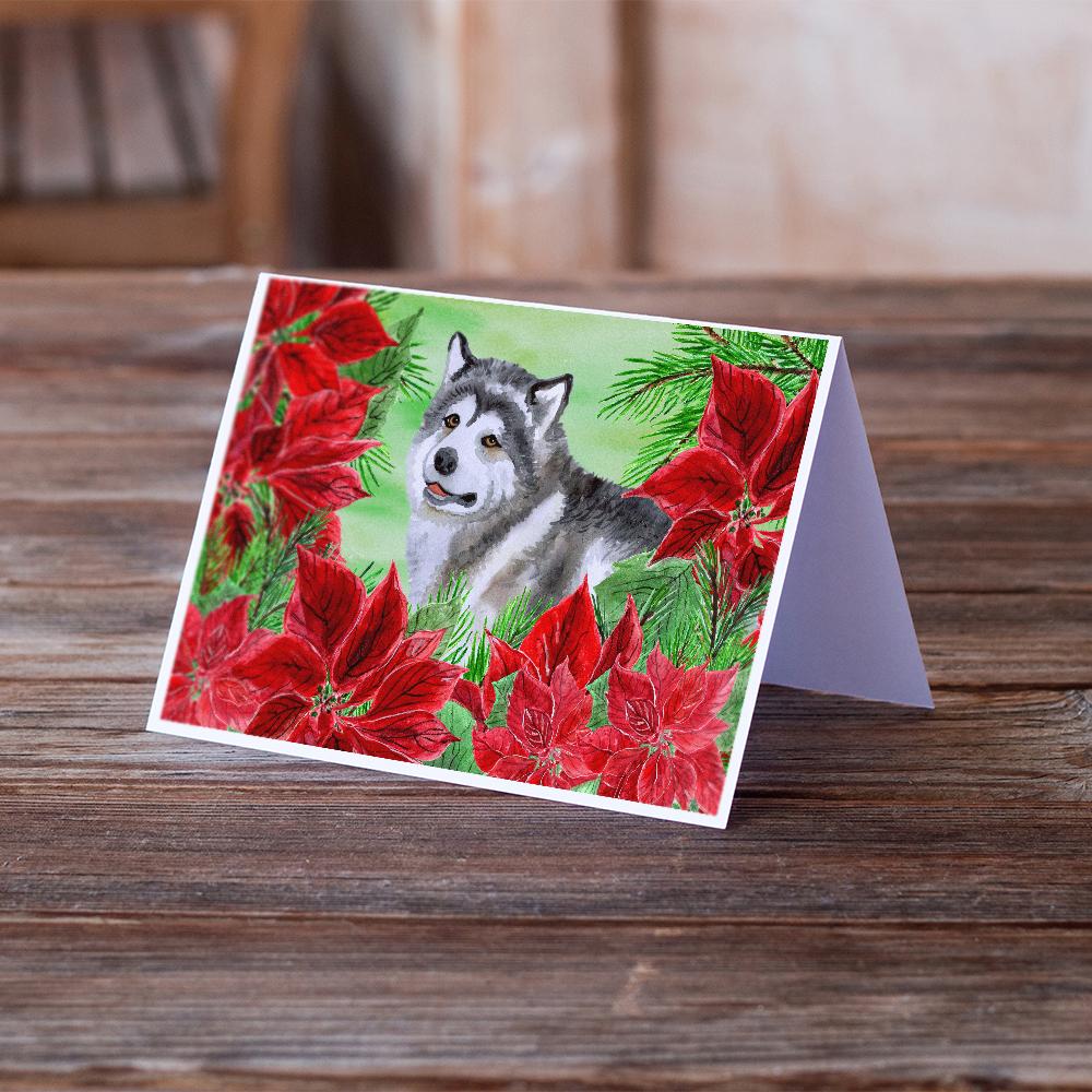 Alaskan Malamute Poinsettas Greeting Cards and Envelopes Pack of 8 - the-store.com