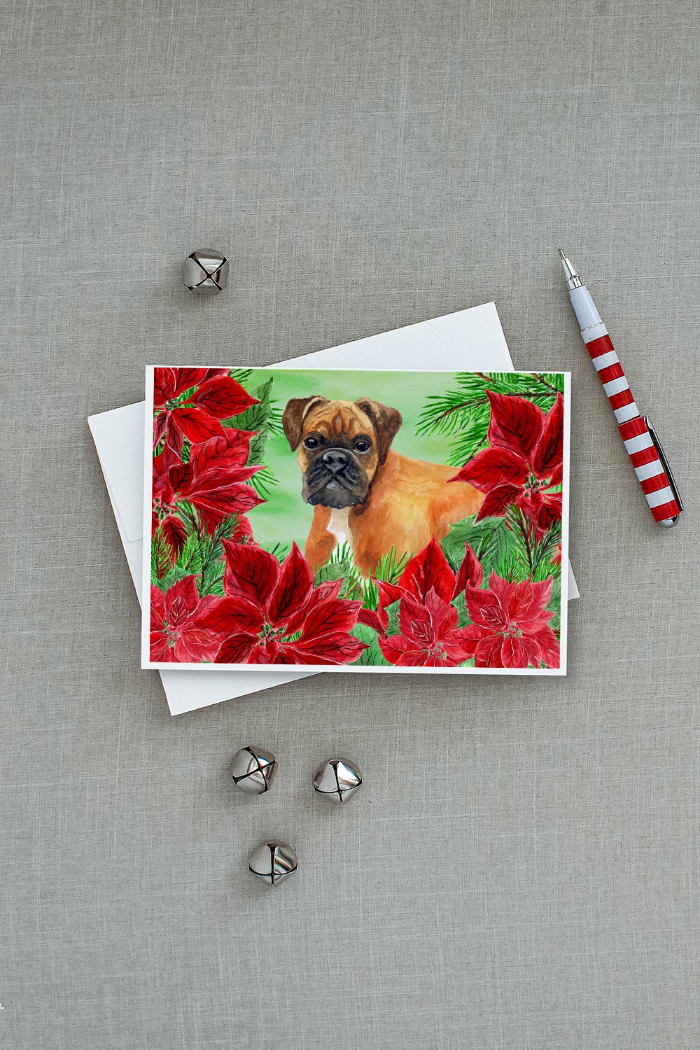 German Boxer Poinsettas Greeting Cards and Envelopes Pack of 8 - the-store.com